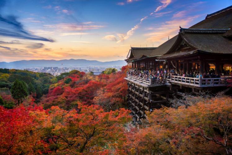 Japan is ablaze with colour in autumn. Kiyomizudera temple, Kyoto, is a top spot for leaf peeping. Image by Suttipong Sutiratanachai / Moment / Getty